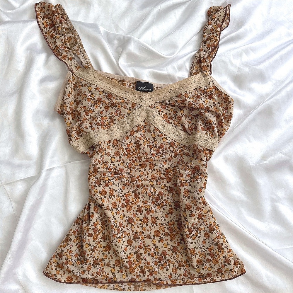Anna Floral Lace Trim Camisole Ruffle Strap Ditsy Print Tank Top Brown